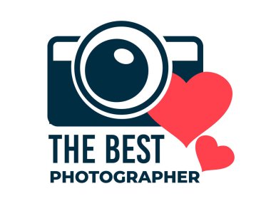 Fotoğraf stüdyosu ya da şirket fotoshoots ikonu alıyor, kameralı izole logoti. Müşteriler için profesyonel hizmet. En iyi fotoğrafçı ödülü ya da ödül, metin ve kalplerle amblem. Düz biçimli vektör