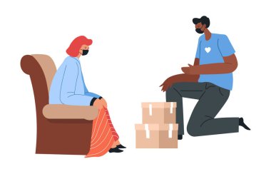 Erkek karakter engelli bir kadına paketler ile yardım ediyor. Gönüllü, koltukta oturan bayan için kutu getirdi. Coronavirus karantinası, evde kalan insanlar, düz bir şekilde gönüllü vektör.