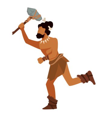 Tahta sopa ve taşla çalışan tarih öncesi bir karakter. Taş devrinde soyutlanmış bir adam. Savaşta savaşan ya da hayvanları öldürmek için alet kullanan bir avcı. Homo sapiens tarihsel kişiliği, düz stil vektörü