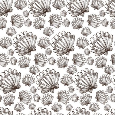 Deniz ve okyanusta deniz kabuğu, tek renkli akvaryum deseni. Deniz kabuğu ya da deniz kabuğu detaylı midye, deniz ve deniz temalı deniz canlıları. Tek renkli çizim taslağı, düz biçimli vektör