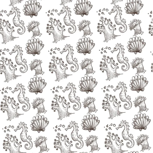 Faune Flore Sous Marine Algues Hippocampe Avec Motif Sans Coquille — Image vectorielle