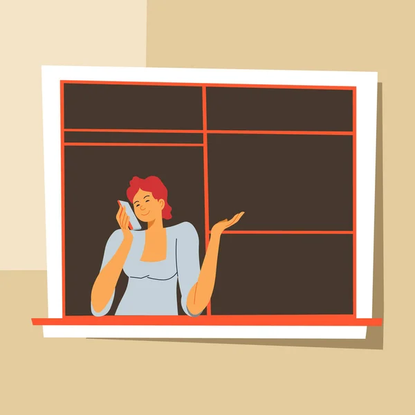 窓から外を見る女性が電話で話している コロナウイルスの隔離活動 通信のための近代的な技術を使用して社交的な女性の文字 女性のチャット フラットスタイルのベクトル — ストックベクタ