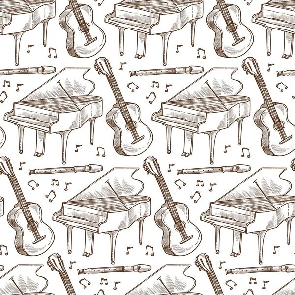 Instrumentos Musicales Patrón Sin Costura Guitarra Acústica Piano Flauta Signos — Vector de stock