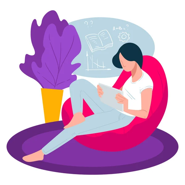 Personnages Féminins Lisant Des Livres Assis Dans Fauteuil Étudiant Préparant — Image vectorielle