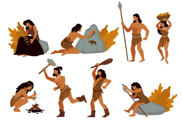 史前的人们从部落中分离出男女角色 原始文明 用工具和仪器采集和狩猎 缝制和生火 矢量平整型 — 图库矢量图片