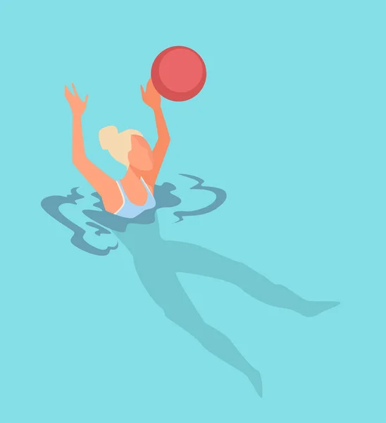水ポロ投げやボールをキャッチで遊ぶ女性 人のためのプールや海辺の活動 リラクゼーションと人格の健康的なライフスタイル アクティブブロンド 水の中のスポーティな女の子 フラットスタイルのベクトル — ストックベクタ