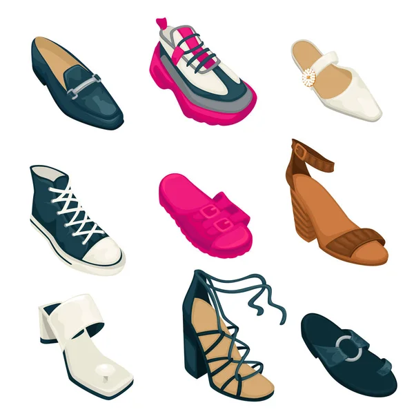 Colección Calzado Para Mujer Conjunto Aislado Zapatillas Mulas Mocasines Tacones — Archivo Imágenes Vectoriales