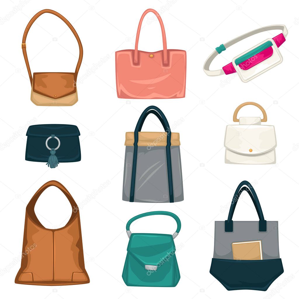 Elegant and casual, basic accessories for women fashionable look. Isolated collection to complete outfits, micro-bag and baggy container, designs and models made of leather. Vector in flat style