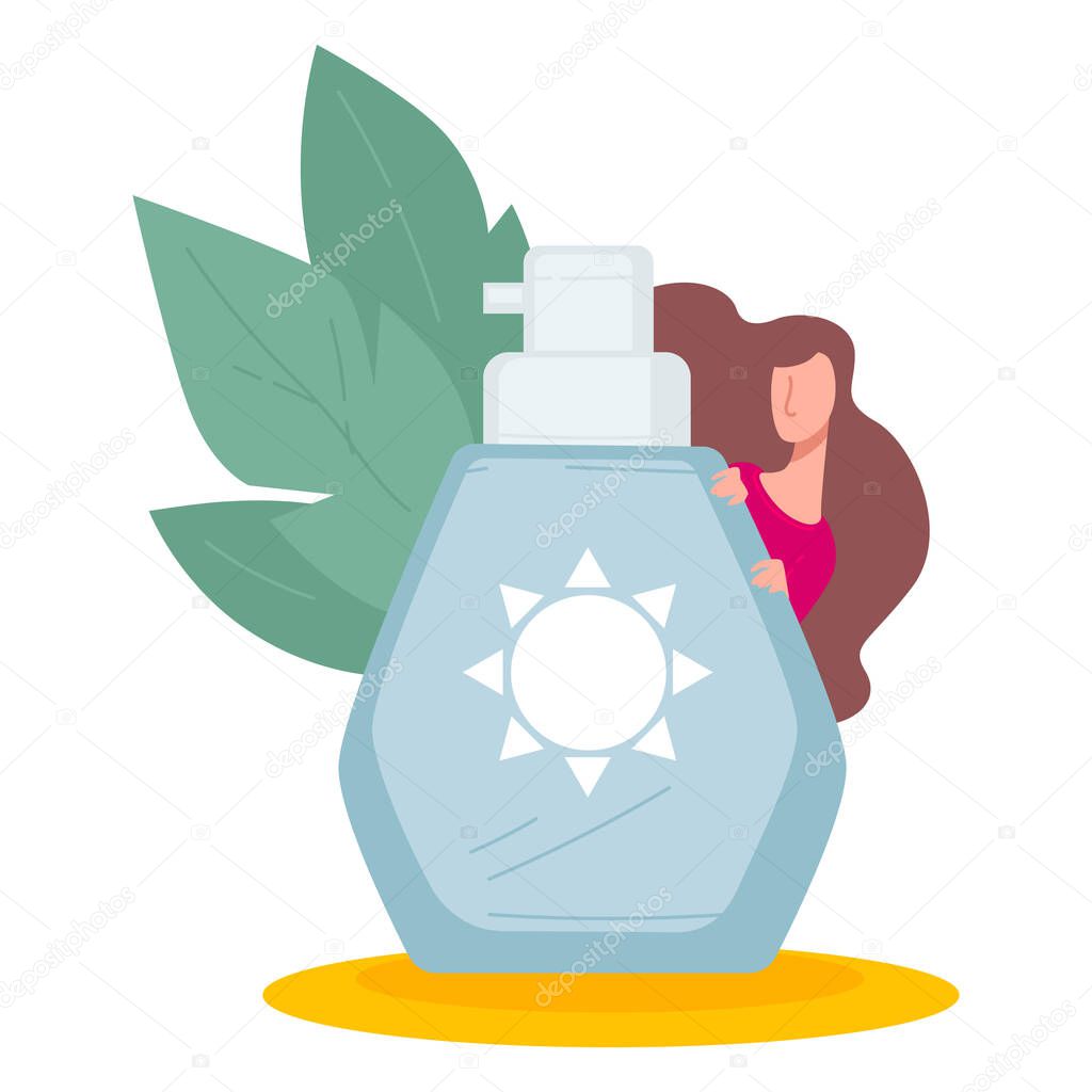 Sunblock skin care, moisturizer lotion in tube, isolated tube with cream for body. Female character hiding by container with sunscreen, decorative foliage leaves. Sunbathing vector in flat style
