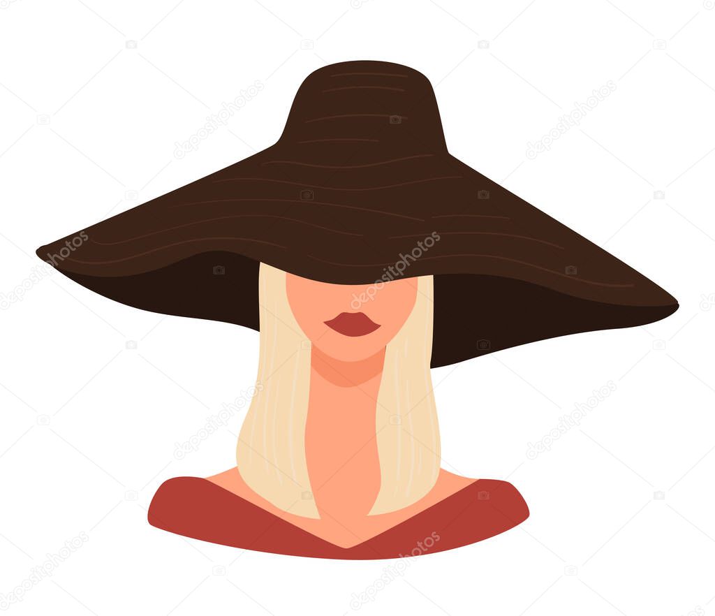 Elegant fashionable female character with blond hair wearing hat. Lady in trendy cap with long and wide brims, fashion and trends for women. Girl with accessories for outfit, vector in flat style