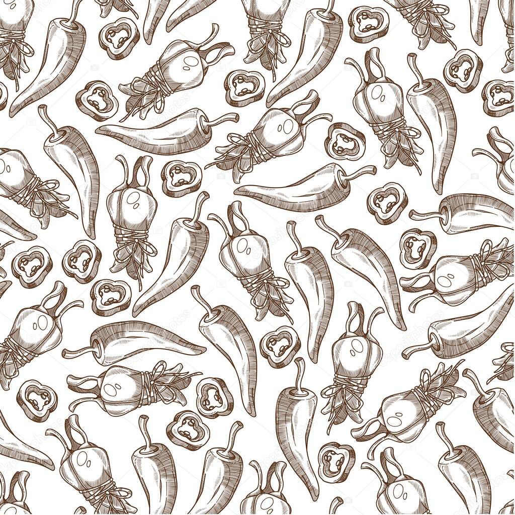 Hot chilli pepper slices and whole product seamless pattern. Organic ingredient for spicy food dishes. Cayenne for cooking traditional cuisine. Monochrome sketch outline, vector in flat style