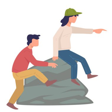 Çocuklar uzaktaki kayaları işaret ediyor, çocuklar dışarıda.