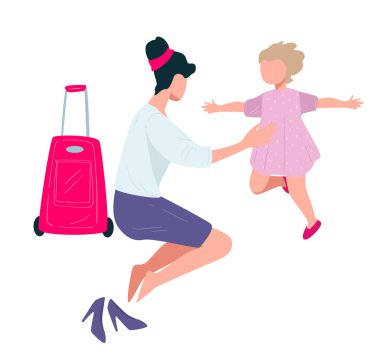 Yolculuktan dönen kadın çocuk vektörüyle sarılıyor.