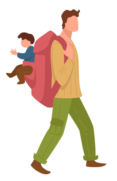 Hombre viajando con un niño pequeño, padre con mochila — Vector de stock