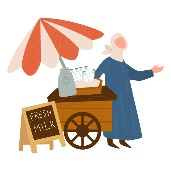 Продавець свіжого молока на фермерському ринку, молочний продукт — стоковий вектор