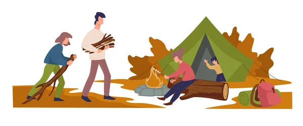 Camping familj brinnande stockar, aktiv semester utomhus — Stock vektor