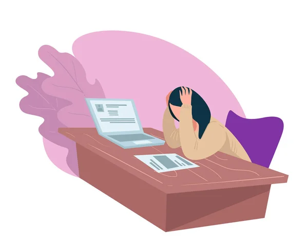 Femme frustrée tenant la tête à la recherche d'emploi dans le web — Image vectorielle