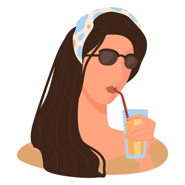 Personaje femenino bebiendo cóctel en vacaciones de verano o vacaciones — Archivo Imágenes Vectoriales