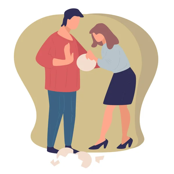 Quarreling couple, wife and husband breaking dishes vector — Stock Vector