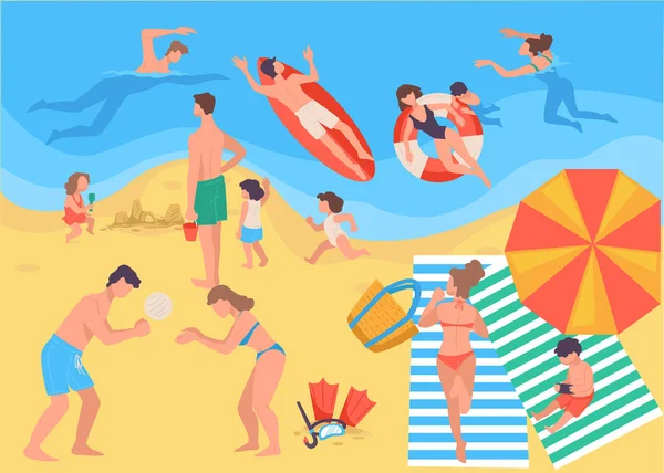 Férias de verão, pessoas passando férias por vetor à beira-mar —  Vetores de Stock
