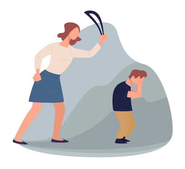 Violent mother beating crying son with leather belt — Stock Vector