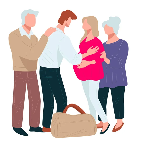 Mensen klaar om te reizen, man die afscheid neemt van zwangere vrouw — Stockvector