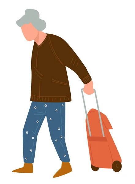 Kıdemli karakter bavulla yürüyor, gezgin emeklilik vektörü. — Stok Vektör
