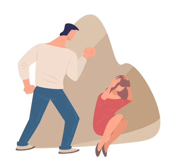 Violence domestique, homme frappant une femme effrayée tenant la tête — Image vectorielle