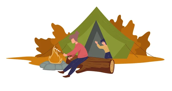 Camping personnes par le feu de joie, caractère dans la tente et les feuilles — Image vectorielle