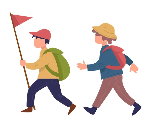 Scout boys walking with flag wearing brachels vector — Stockový vektor