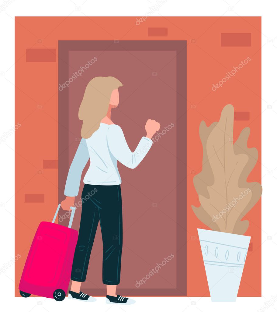 Female character with baggage returning home knocking doors