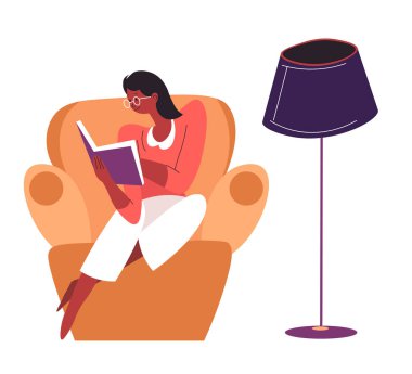 Koltukta oturmuş kitap okuyan kadın karakter, evde kalan kadın. Kişisel hobi ya da hobi olarak. Sınavlara çalışan ya da hazırlanan içe dönük bayan, öğrenci ya da genç vektör düzlüğü