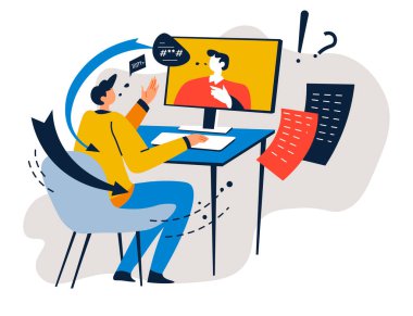 İnsanlar online uygulamayı konuşmak için, iş ortaklarını toplantıda, internet teknolojilerini iş için kullanıyor. İşi ve projeleri tartışan karakterler. Sorular ve yanıtlar vektörü düz