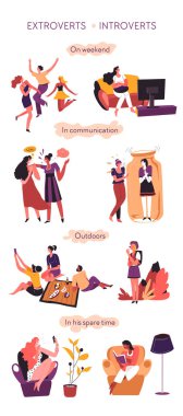 Introvert versus extrovert, behavioral comparison of psychological types. Partying and talkative extroverted personages and calm, quiet introverted characters in communication vector in flat style clipart