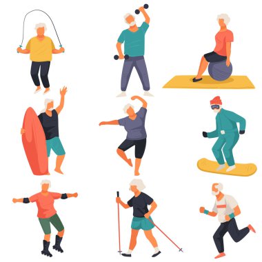Egzersiz yapan yaşlı karakterler, yaşlıların aktif yaşam tarzı. İp atlama, halat çekme ve spor topu kullanma. Sörf ve snowboard, kayak ve yuvarlanma, koşu. Düz biçimli vektör