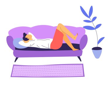 Oturma odasında kanepede uzanmış tavana bakan bir adam. Sıkılmış, üzgün ya da depresyonda olan erkek karakter. Rahatlatıcı ya da eğlenceli bir kişilik koltukta rüya görüyor, düz stil vektörü.