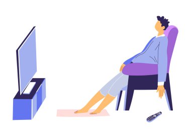 Koltukta oturup televizyon izleyen erkek karakter, geniş ekran karşısında izole edilmiş adam. Haftasonlarını evde geçiren bir adam. İşten sonra dinlenmek, düz stil monitör vektörüne bakmak
