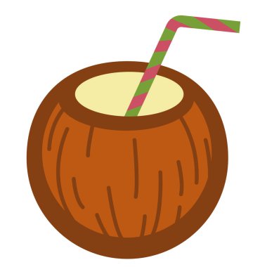 İçmek için samanlı hindistan cevizi. Meyve kabuğuna dökülen tropikal içecek, kokteyl ya da süt ikonu. Yaz tatili, sıcaklık ve yazın sembolü. Lezzetli yemekler, yassı vektör.