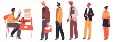 İş fırsatı için yeni iş gücü kiralıyorum. CV 'si ve patronu olan adaylar dizisi ya da İnsan Kaynakları Müdürü özgeçmişlerini okuyor. İşsizlik ve işverenlerin iş başvuruları. Düz biçimli vektör