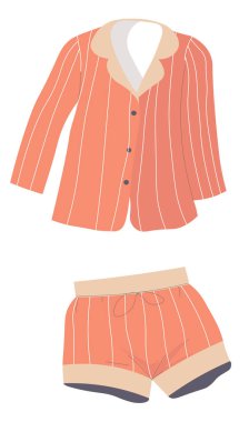 Uyumak için giysiler, ev kullanımı, izole edilmiş pijama takımı. Düğmeli ve şortlu gömlek, kadın kıyafeti. Dişiler için modern trendler ve şık kıyafetler, alışveriş çeşitleri, düz stil vektörü