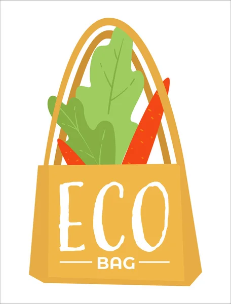 产品和购物用的环保袋 用胡萝卜和树叶填充的孤立的帆布脚趾图标 手袋附件 环保零废物 平板式病媒 — 图库矢量图片