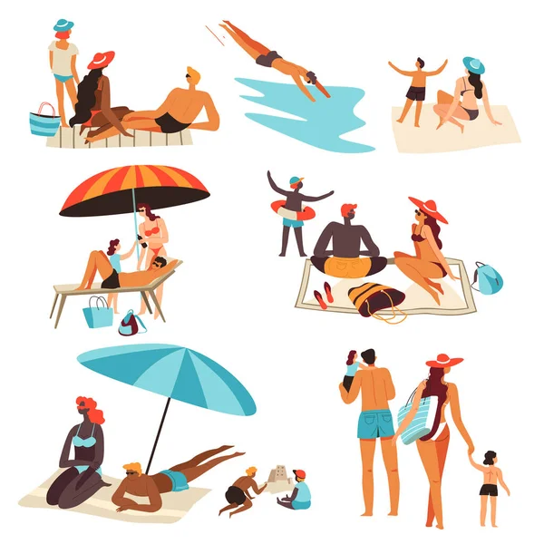 People Spending Holidays Weekends Seaside Isolated Characters Tanning Sun Laying — Stock Vector