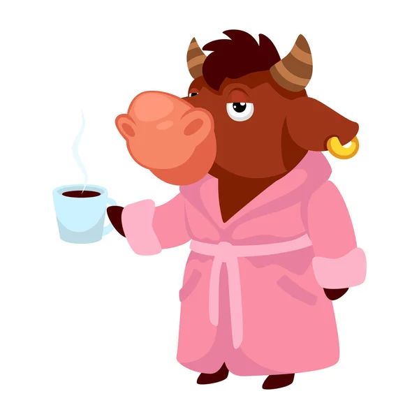 Funny Bull Wearing Pink Robe Holding Cup Coffee Tea Animal — Stock Vector