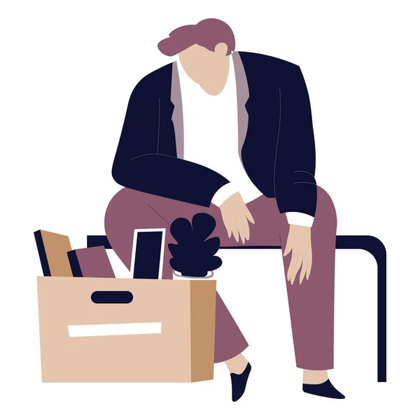 Personaje Masculino Deprimido Sentado Junto Una Caja Cartón Con Libros — Vector de stock