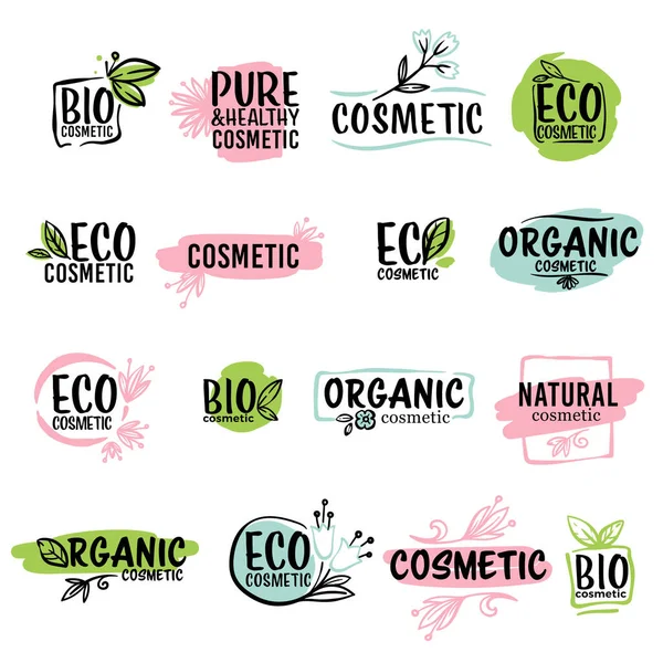 Bio Und Öko Kosmetiketiketten Isolierte Aquarell Etiketten Mit Blättern Und — Stockvektor
