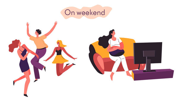 Comparison of introvert and extrovert on weekends. Extroverted people dancing and partying in club, introverted personage staying at home, watching television set alone. Vector in flat style