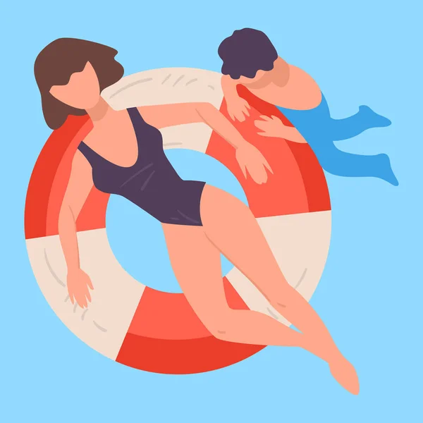 Gente Descansando Junto Mar Mujer Flotando Boya Vida Personaje Masculino — Vector de stock