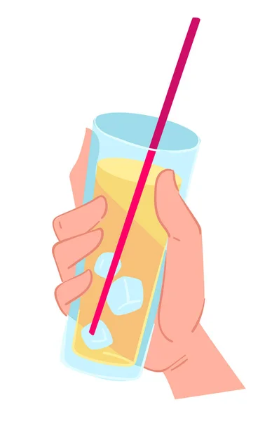 柠檬水配冰块 手拿着清爽的饮料 用新鲜的生柠檬汁和水制成的饮料 多汁的水配稻草 味道鲜美的有机产品 矢量呈扁平型 — 图库矢量图片