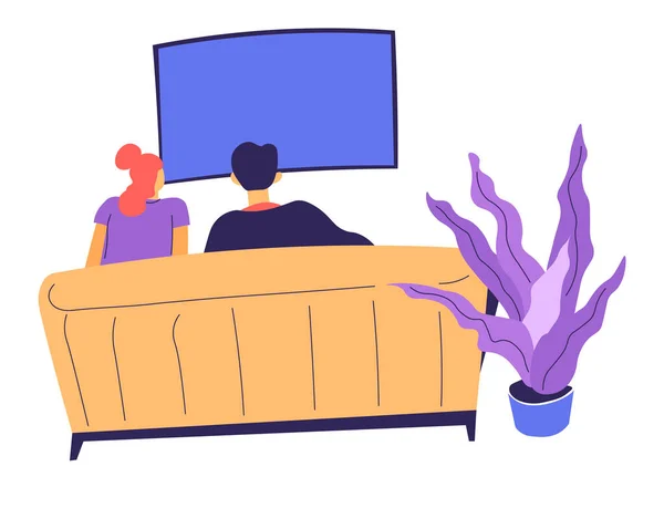 Hombre Mujer Pasando Tiempo Casa Viendo Televisión Películas Novio Novia — Vector de stock