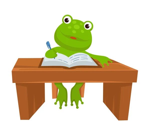 Studying Education Isolated Frog Character Writing Notebook Sitting Table School — Stock Vector